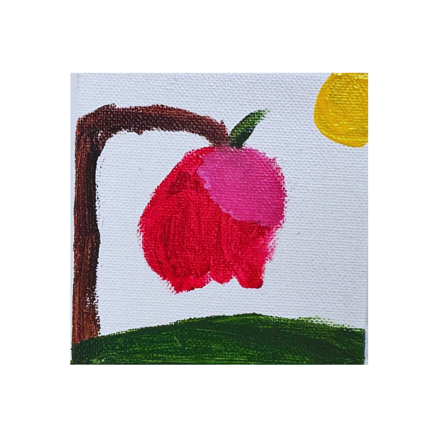 A bold red apple hanging from a curved branch under golden sun.