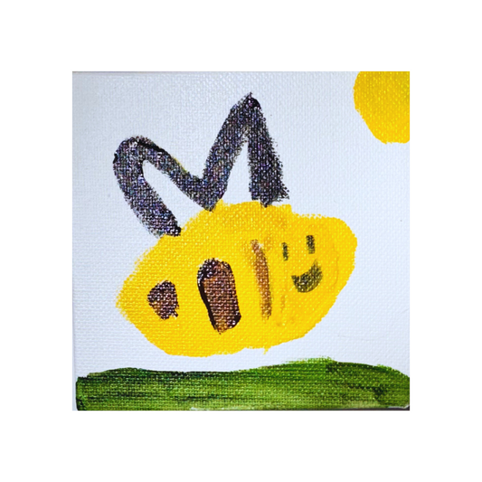 A bright yellow bee soars toward the sun over grassy hills.