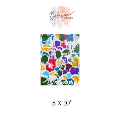 Colorful abstract design paper with 'Blossom & Brush' branding on a white background