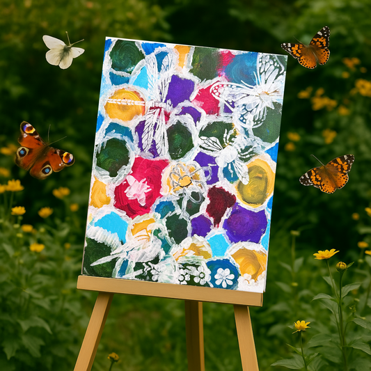 Colorful abstract painting on an easel with butterflies in a garden setting