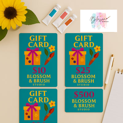 Four gift card vouchers for 'Blossom & Brush Studio' on a beige background with sunflower and paint tubes.