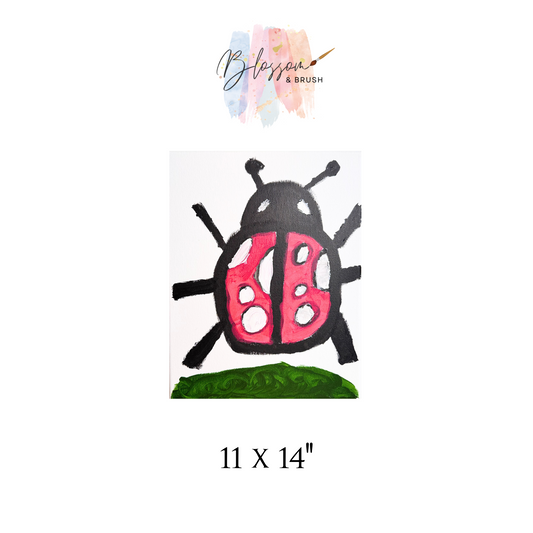Painting of a ladybug with 'Blossom & Brush' logo and dimensions '11 x 14"'.