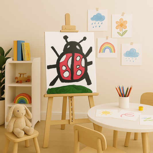 Children's art display with a child's drawing of a ladybug on an easel, surrounded by children's books and toys.