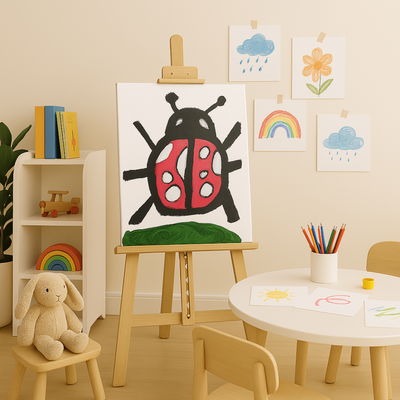 Children's art display with a child's drawing of a ladybug on an easel, surrounded by children's books and toys.