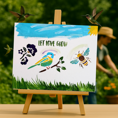 Painting on a small easel with 'Let Love Grow' text, surrounded by nature-themed elements.
