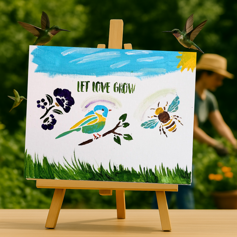 Painting on a small easel with 'Let Love Grow' text, surrounded by nature-themed elements.