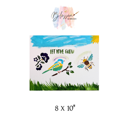 Art print with birds, flowers, and 'Let Love Grow' text on a white background with blue sky.