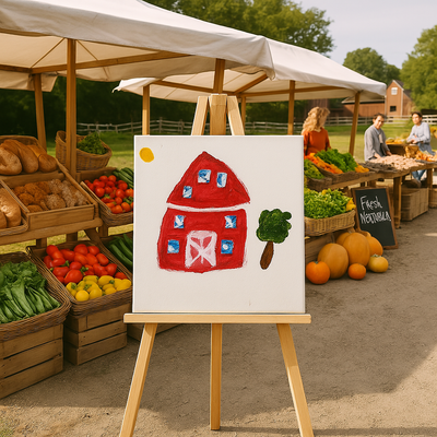 Hand painted canvas of a barn at the Farmers Market