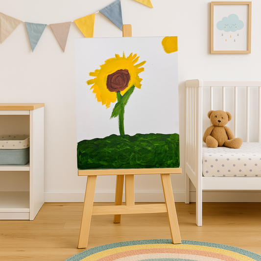 Children's room with a sunflower painting on an easel, a teddy bear on a chair, and colorful flags.