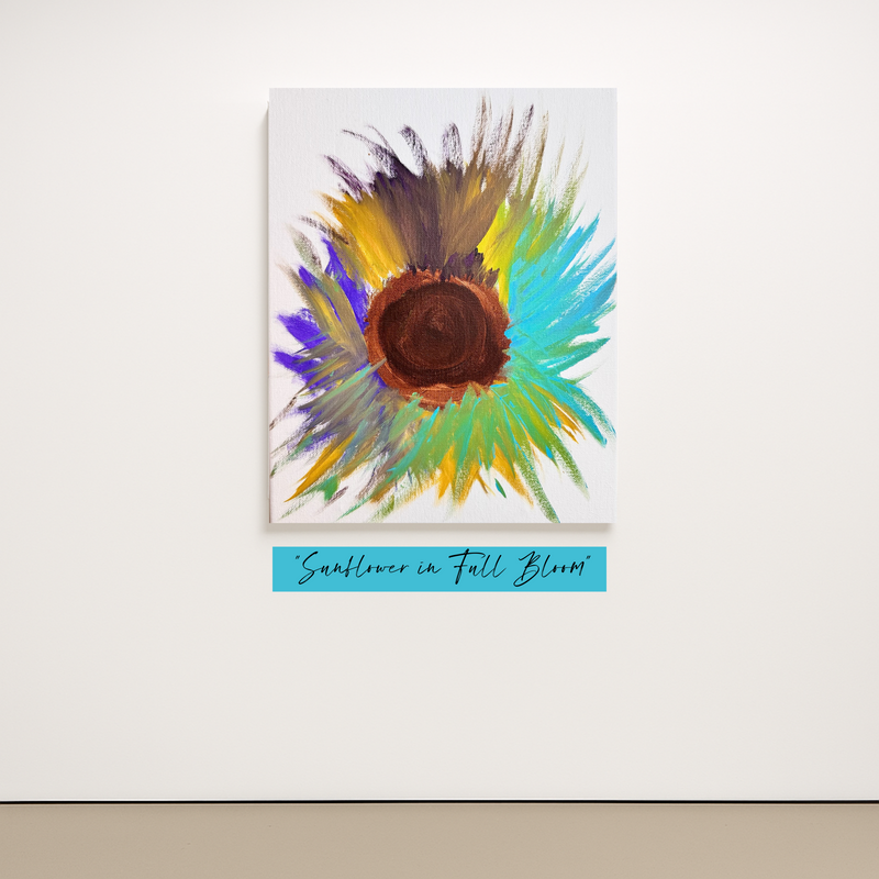 Colorful sunflower painting with 'Sunflower in Full Bloom' text on a white background