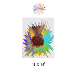 Colorful abstract painting of a sunflower with 'Blossom Brush' logo on a white background.